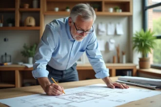 Architecte étudiant les plans d'une extension de maison de 40 m2 sans permis de construire sur une table à dessin