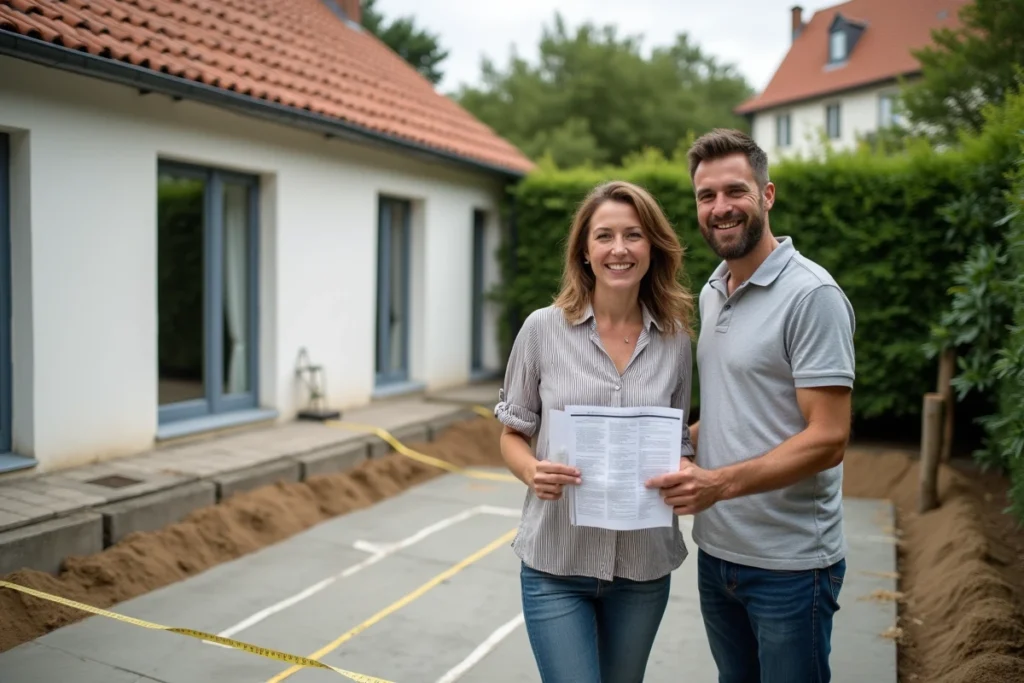 Couple mesurant la surface d'une future extension de maison dans leur jardin en consultant la réglementation d'urbanisme