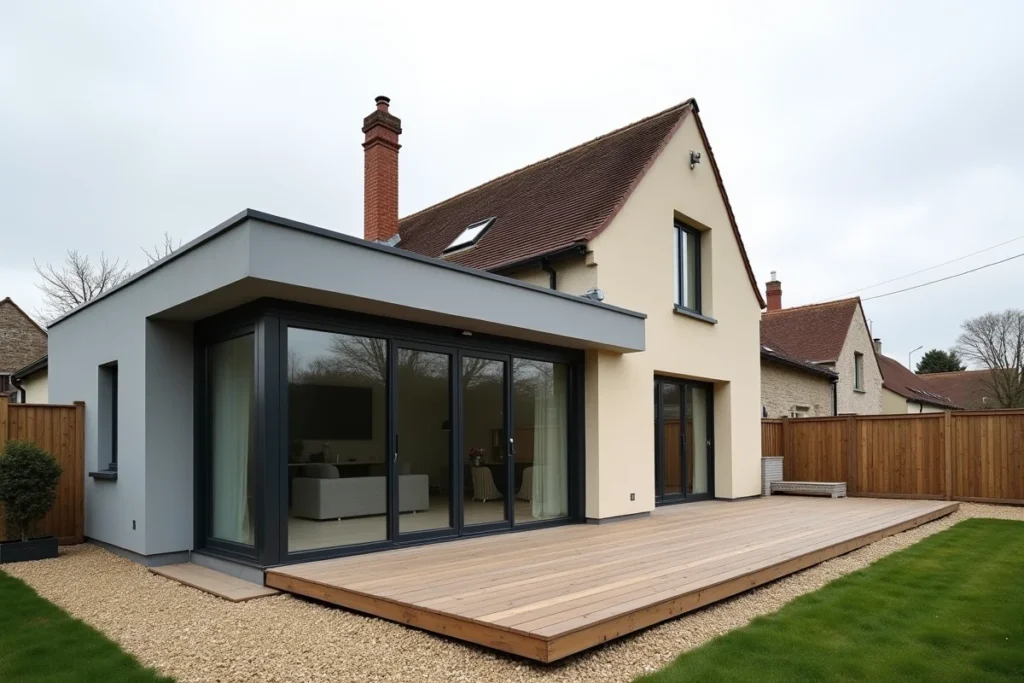Extension de maison de 40 m2 avec bardage gris et baies vitrées coulissantes intégrée à une maison pavillonnaire française