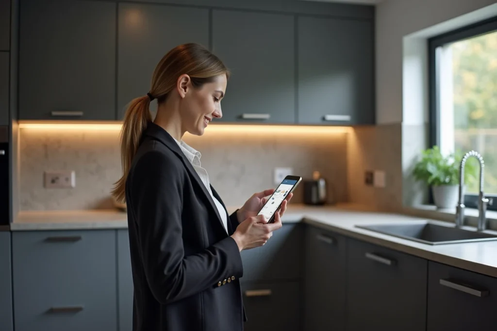 Femme consultant une application domotique sur smartphone dans une cuisine moderne équipée d'appareils connectés