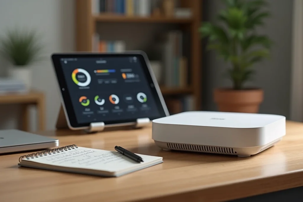 Hub domotique posé sur un bureau avec tablette affichant un tableau de bord maison connectée et notes manuscrites d'évaluation