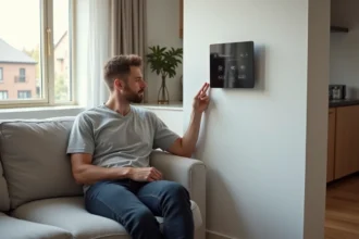 Utilisateur masculin interagissant avec un panneau de contrôle domotique installé dans un salon moderne et connecté