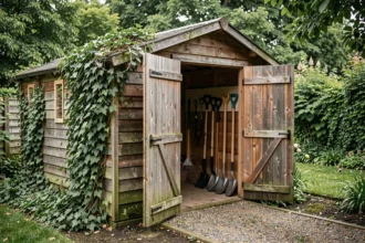 Abri de jardin en bois avec outils accrochés à l'intérieur, portes ouvertes sur un jardin verdoyant