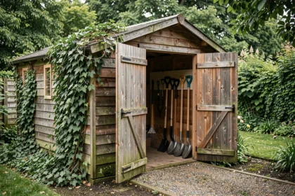 Abri de jardin en bois avec outils accrochés à l'intérieur, portes ouvertes sur un jardin verdoyant