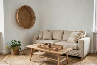 Accessoires en rotin dans un salon scandinave moderne avec plateau tressé, panier mural et cache-pot sur parquet chêne blanchi