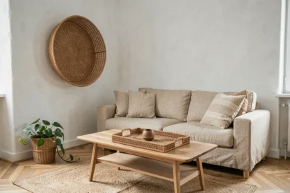 Accessoires en rotin dans un salon scandinave moderne avec plateau tressé, panier mural et cache-pot sur parquet chêne blanchi