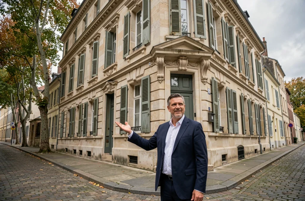 Agent immobilier présentant un immeuble ancien à un acquéreur dans une rue pavée française