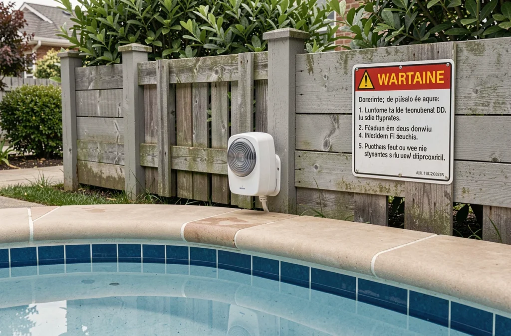 Alarme de piscine fixée sur le bord d'un bassin extérieur avec panneau d'avertissement de sécurité en français