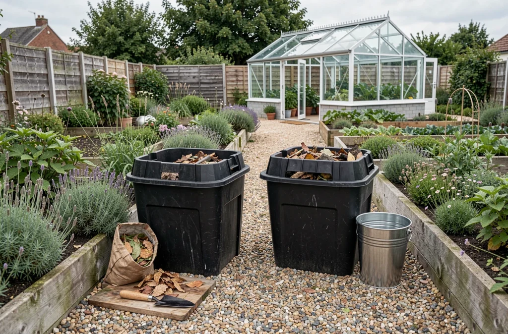 Aménagement de composteurs dans un jardin avec bacs à compost, sentier en gravier et serre en arrière-plan
