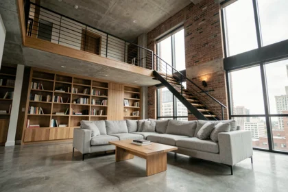 Salon duplex moderne avec escalier en bois, mezzanine et espace optimisé en hauteur