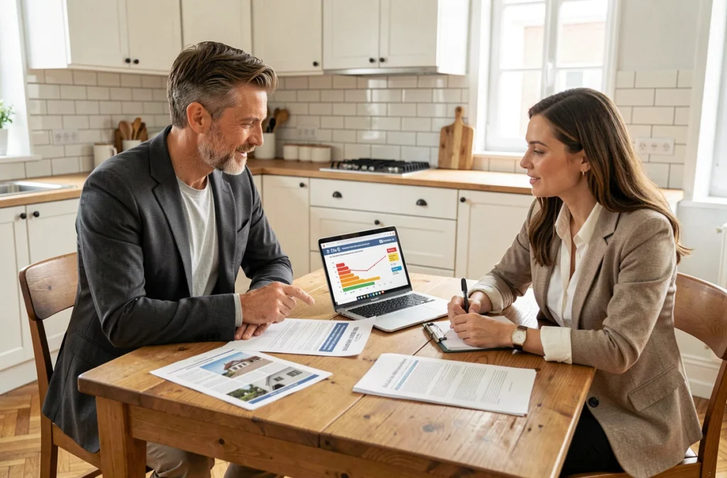 Deux professionnels immobiliers analysant un rapport de diagnostic de performance énergétique avant une vente