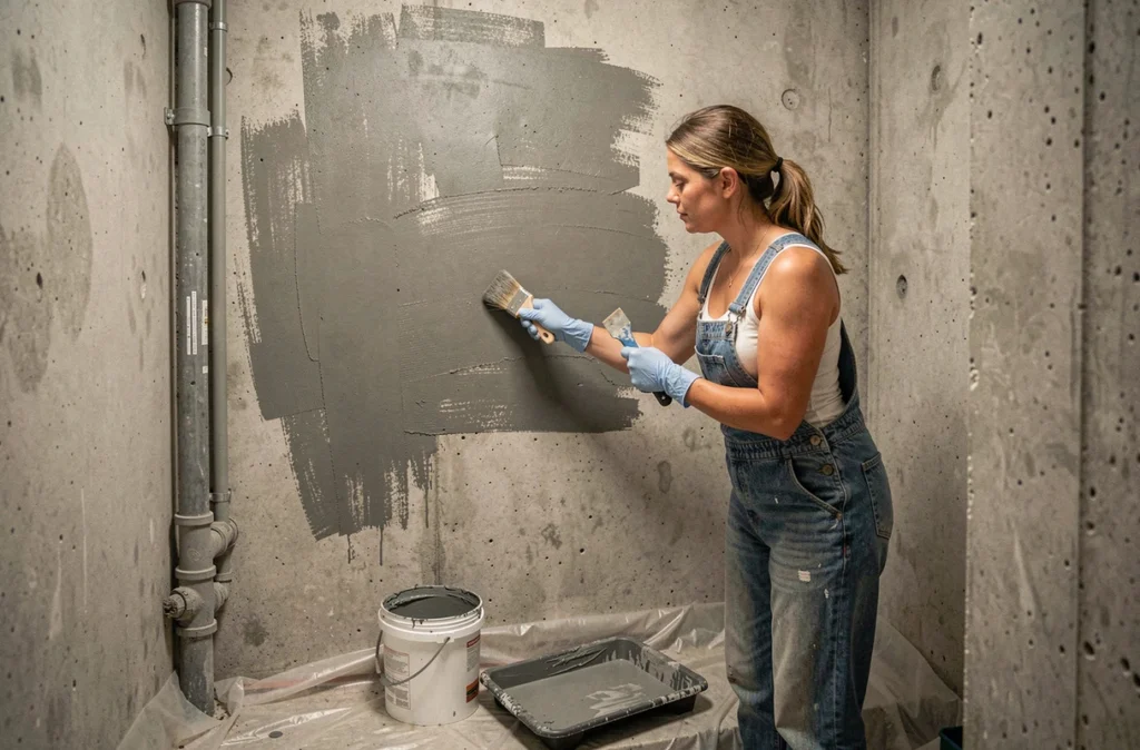 Femme appliquant une primaire d'accrochage sur un mur en béton pour préparer la surface avant la pose de carrelage