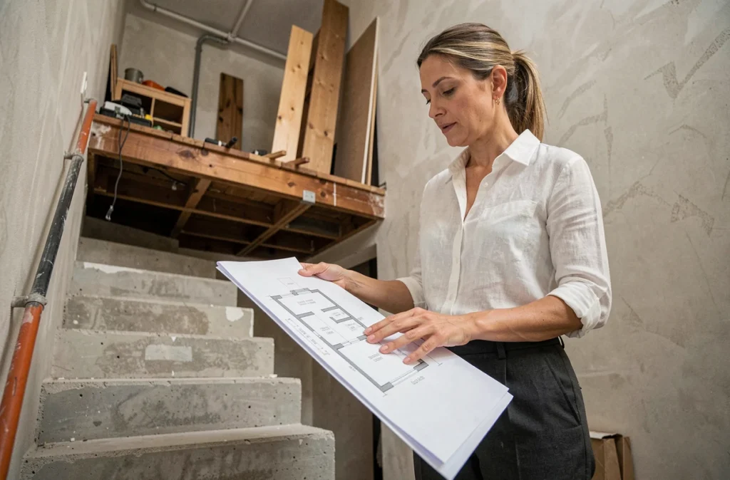 Architecte d'intérieur planifiant l'aménagement d'un duplex en cours de rénovation