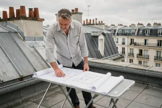 Architecte consultant des plans de surélévation sur le toit d'un immeuble parisien haussmannien