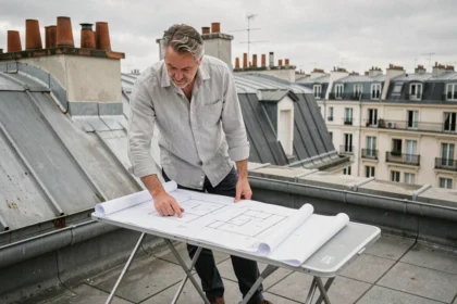 Architecte consultant des plans de surélévation sur le toit d'un immeuble parisien haussmannien