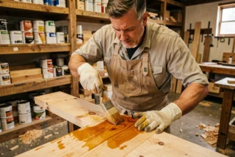 Artisan appliquant de l'huile de lin sur une planche en bois dans un atelier de menuiserie, avec des gants de protection