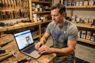 Artisan consultant le site Artisanat-FAQ.fr sur un ordinateur portable dans son atelier de bricolage