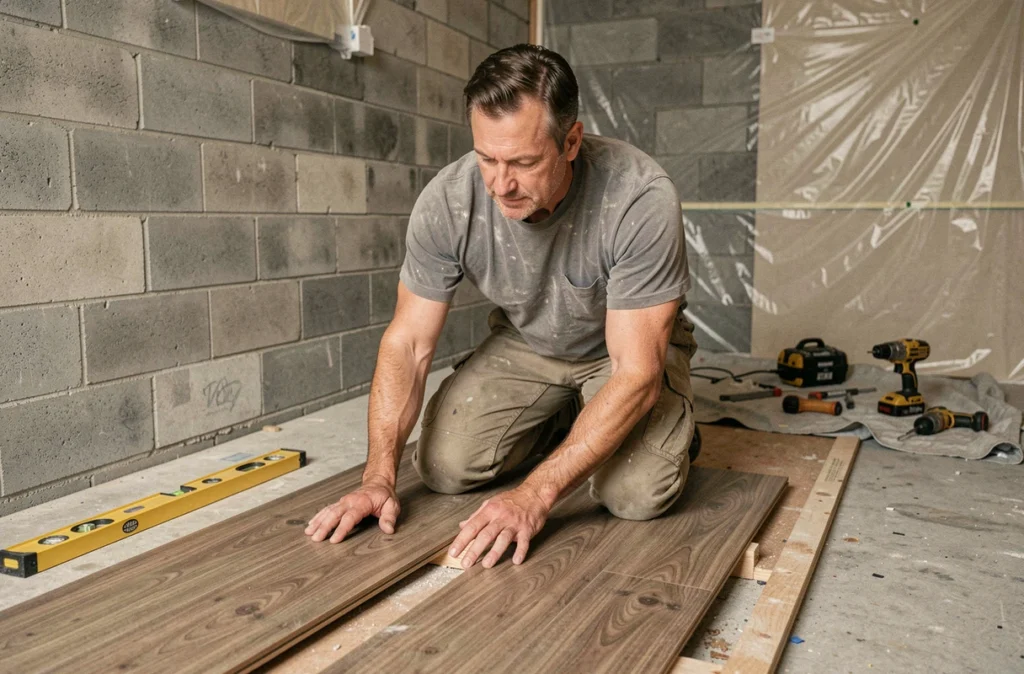 Artisan posant un parquet en bois dans un garage en cours de rénovation en espace de vie