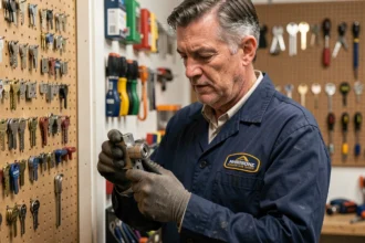 Artisan serrurier professionnel inspectant un cylindre de serrure haute sécurité dans son atelier