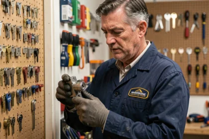Artisan serrurier professionnel inspectant un cylindre de serrure haute sécurité dans son atelier