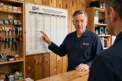 Artisan présentant une grille tarifaire transparente affichée dans son atelier de dépannage