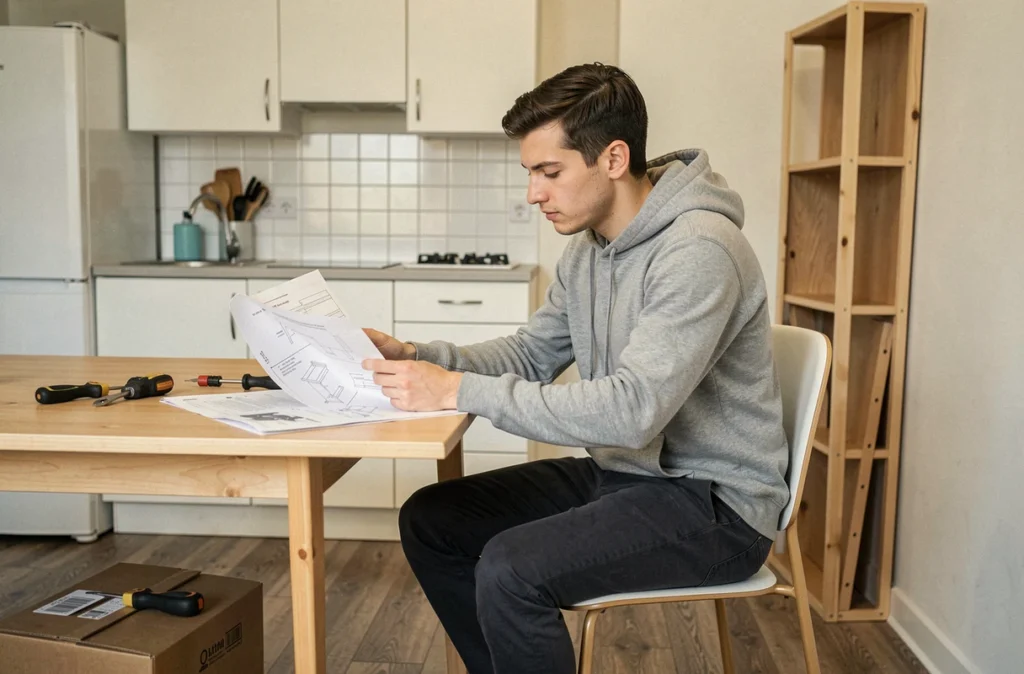 Jeune homme assemblant des meubles en kit dans la cuisine-salle à manger de son premier appartement