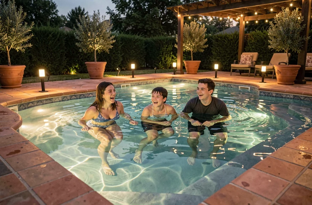 Famille se baignant dans une piscine éclairée la nuit grâce à des panneaux LED sous-marins et des lampadaires de terrasse