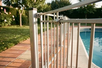 Barrière de sécurité avec loquet automatique installée autour d'une piscine résidentielle pour protéger les enfants