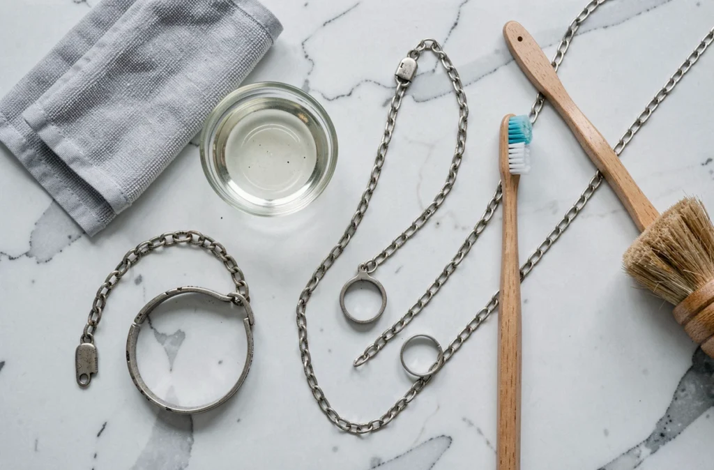 Disposition à plat de bijoux en argent ternis avec des produits ménagers pour les nettoyer sur un plan de travail en marbre blanc