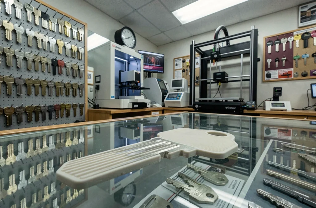 Boutique de reproduction de clés intégrant une imprimante 3D aux machines traditionnelles de découpe