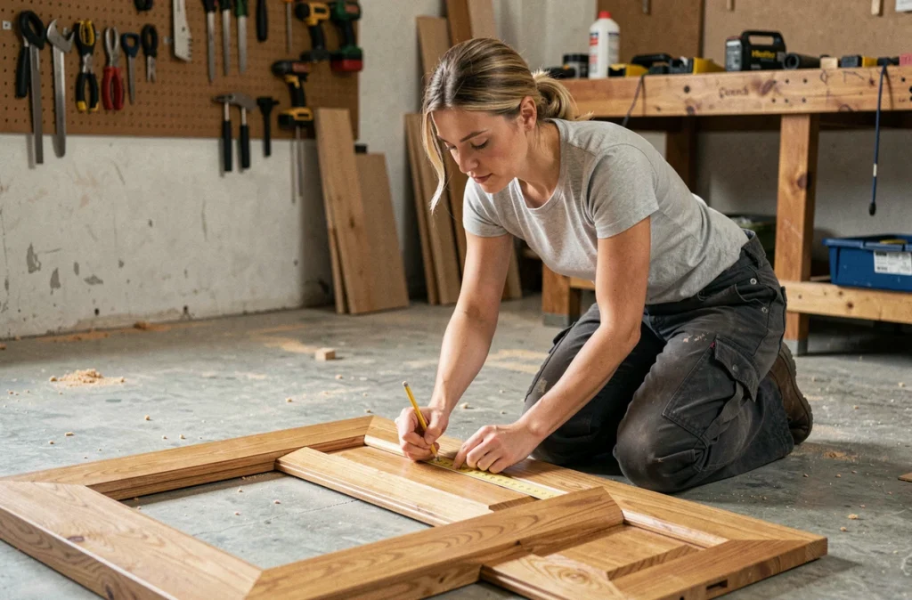 Femme bricoleur mesurant et marquant un bâti de porte en chêne dans un atelier de menuiserie