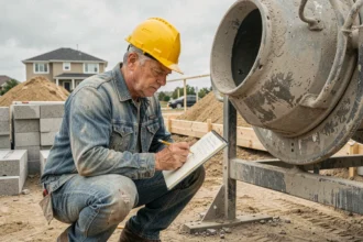 Homme en tenue de chantier consultant ses calculs de volume de béton en m3 à côté d'une bétonnière sur un chantier d'autoconstruction