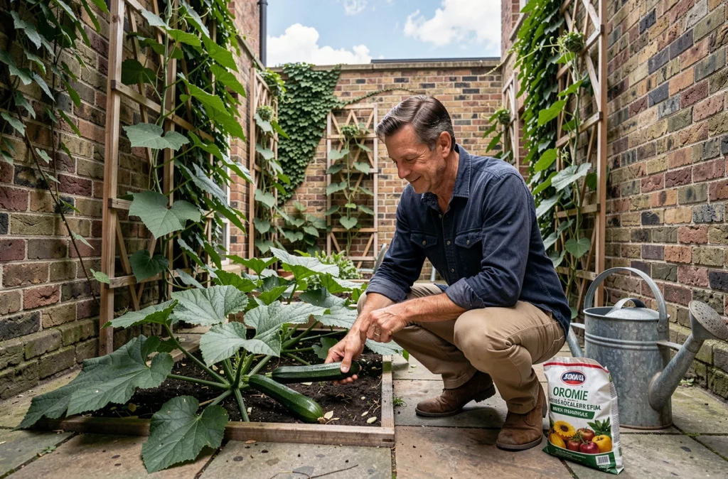Homme récoltant des légumes dans un carré potager bio en cour intérieure urbaine