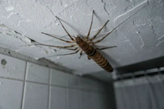 Centipède de maison accroché au plafond blanc d'une salle de bain, vue macro rapprochée montrant ses longues pattes et ses antennes en détail