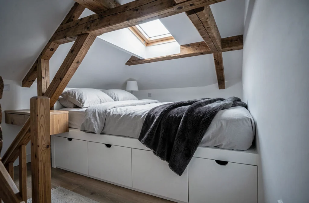 Chambre duplex optimisée sous les combles avec lit plateforme et rangements intégrés