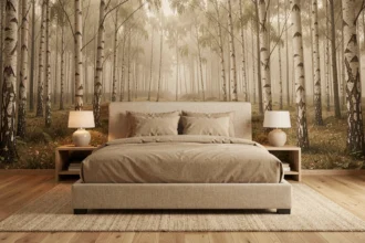 Chambre à coucher avec papier peint panoramique forêt de bouleaux derrière un lit en lin beige