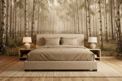 Chambre à coucher avec papier peint panoramique forêt de bouleaux derrière un lit en lin beige