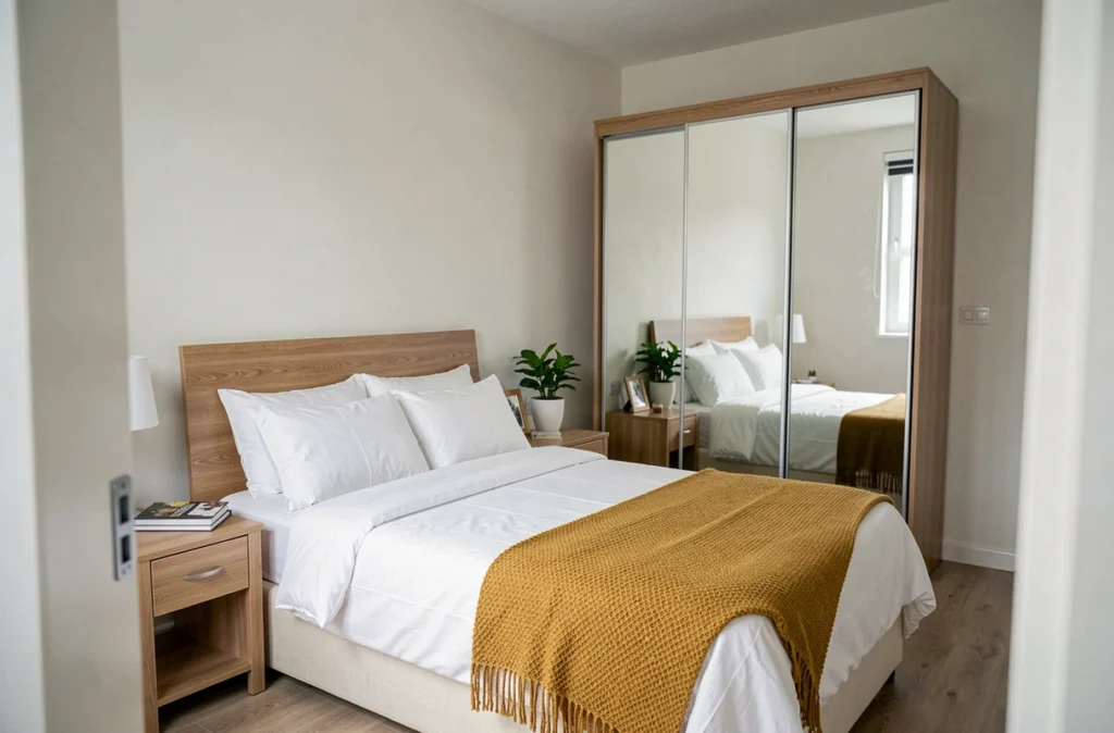 Chambre de premier appartement meublée avec un lit double, une table de chevet et une armoire à portes miroir abordables