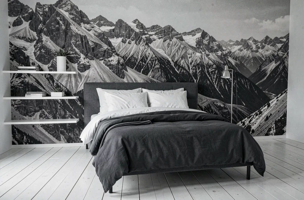 Chambre scandinave minimaliste avec papier peint panoramique montagne noir et blanc au-dessus du lit