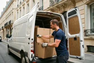 Homme chargeant des cartons dans un camion utilitaire blanc lors d'un déménagement en ville