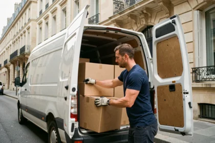 Homme chargeant des cartons dans un camion utilitaire blanc lors d'un déménagement en ville