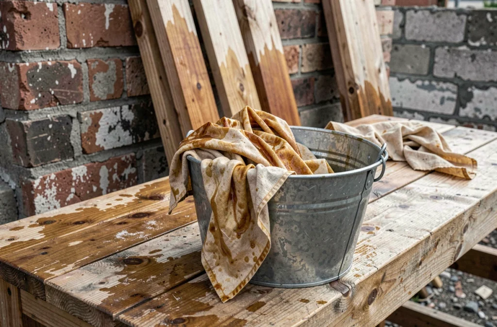 Chiffons imbibés d'huile de lin dans un seau métallique sur un chantier, risque d'auto-inflammation du bois