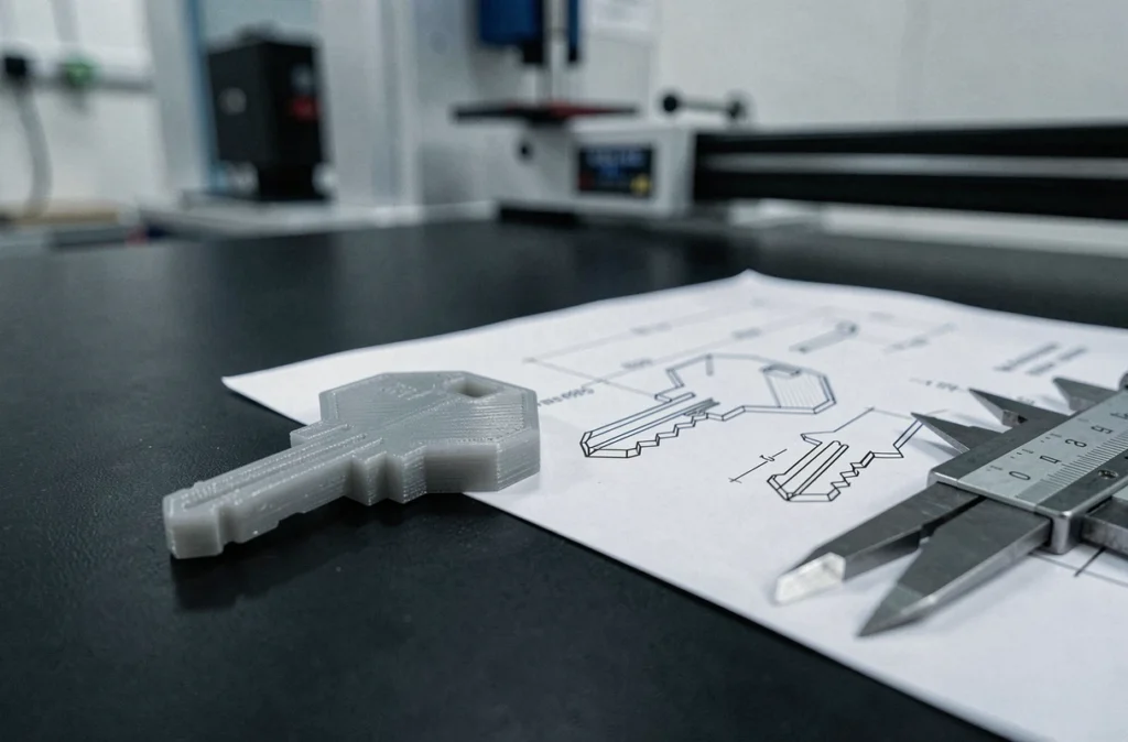 Clé de maison imprimée en 3D posée sur un établi avec un plan numérique et un pied à coulisse