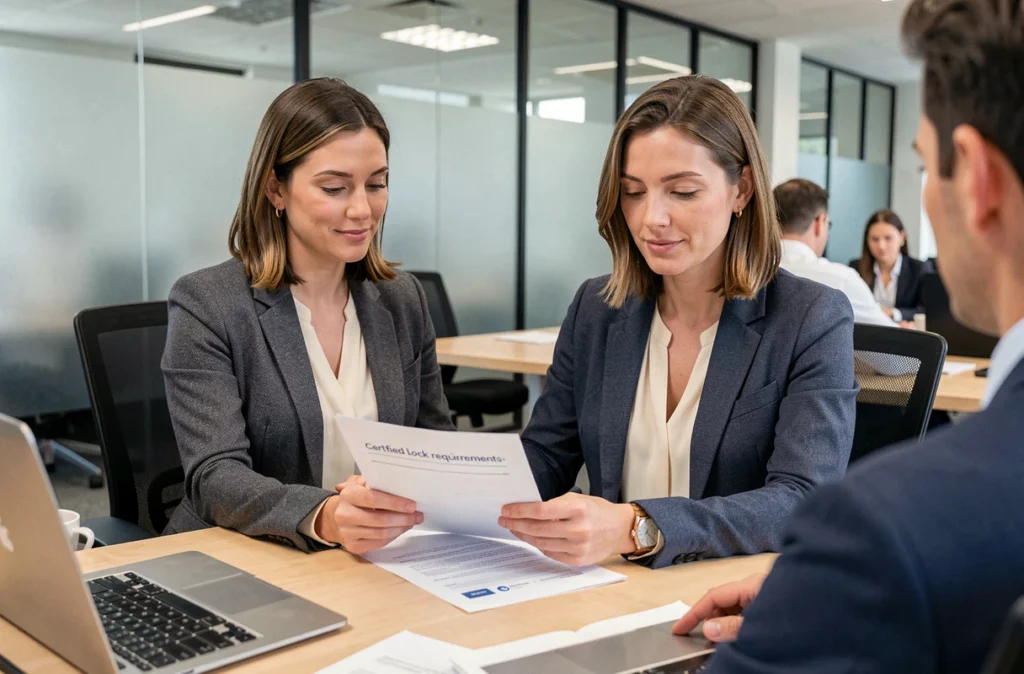 Femme consultant un conseiller en assurance au sujet des exigences de serrures certifiées anti-effraction