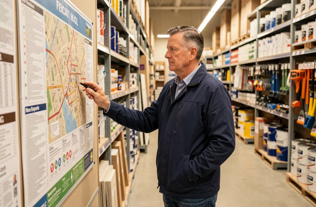 Client consultant le plan d'accès et les services d'un magasin de bricolage en intérieur