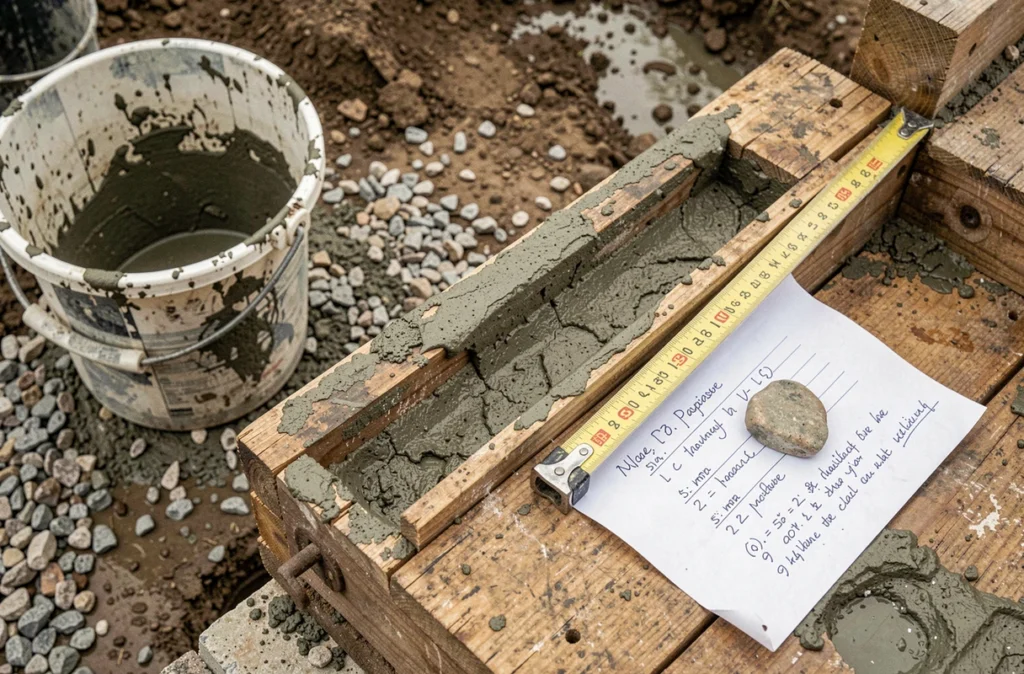 Gros plan sur un coffrage en bois rempli de béton frais avec mètre ruban et fiche de calcul en m3 sur un chantier de fondation en autoconstruction