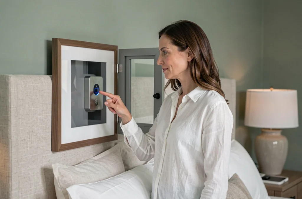 Femme déverrouillant un coffre-fort dissimulé derrière un tableau dans une chambre à coucher moderne