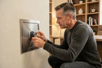Homme d'âge mûr ouvrant un coffre-fort intégré dans le mur de son bureau à domicile contemporain