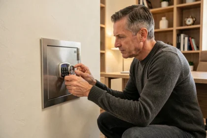 Homme d'âge mûr ouvrant un coffre-fort intégré dans le mur de son bureau à domicile contemporain