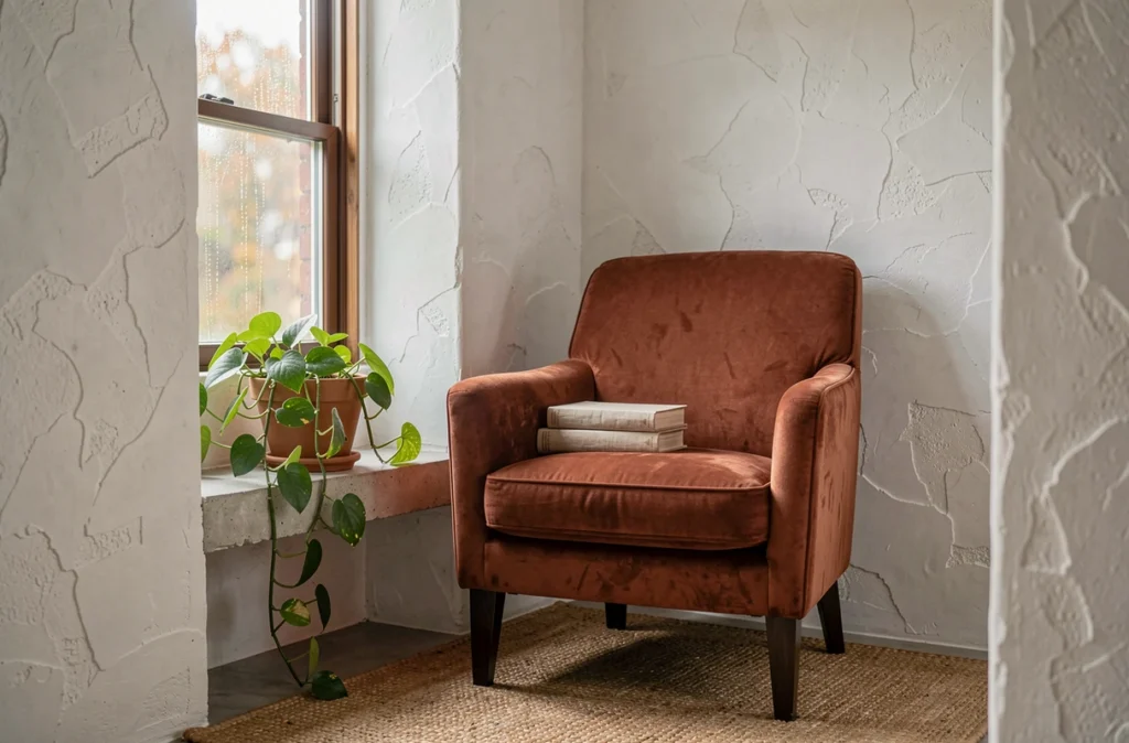 Coin lecture cosy avec fauteuil en velours terracotta dans une alcôve en plâtre blanc, plante retombante et livres en lin posés sur une étagère en béton